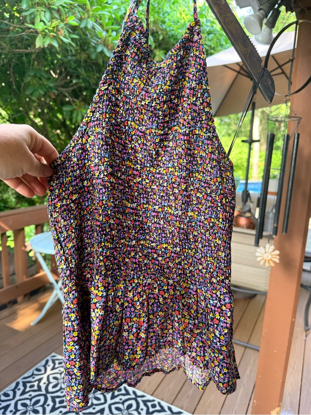 Patrons of Peace Black halter top with Pink, Yellow & Purple Floral Print